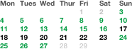 Mon	Tues 	Wed	Thur	Fri	Sat	Sun
				1	2	3
4	5	6	7	8	9	10
11	12	13	14	15	16	17
18	19	20	21	22	23	24
25	26	27	28	29		